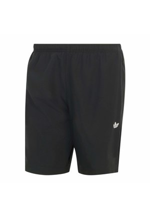 Czarne krótkie spodenki sportowe z elastycznym pasem i małym białym logo Adidas na dolnej części nogawki, prezentowane na białym tle.
