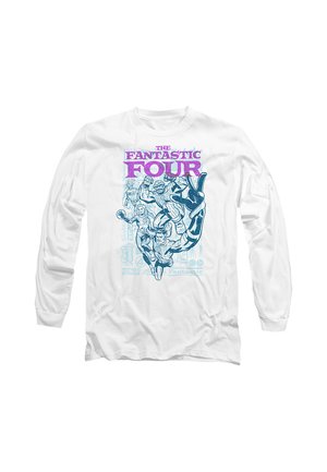 White long-sleeve shirt with blue and purple Fantastic Four comic characters and text "The Fantastic Four" on the front.