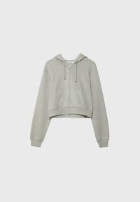 Sweat à capuche gris clair raccourci avec zip, poches avant, capuche avec cordon de serrage, poignets et ourlet côtelés.