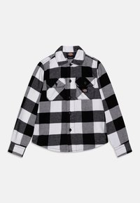 Črno-bela šahovnica flanelasta srajca z gumbi, dvema prsnikoma in dolgimi rokavi z gumbnimi manšetami. Mehka teksturirana tkanina.
