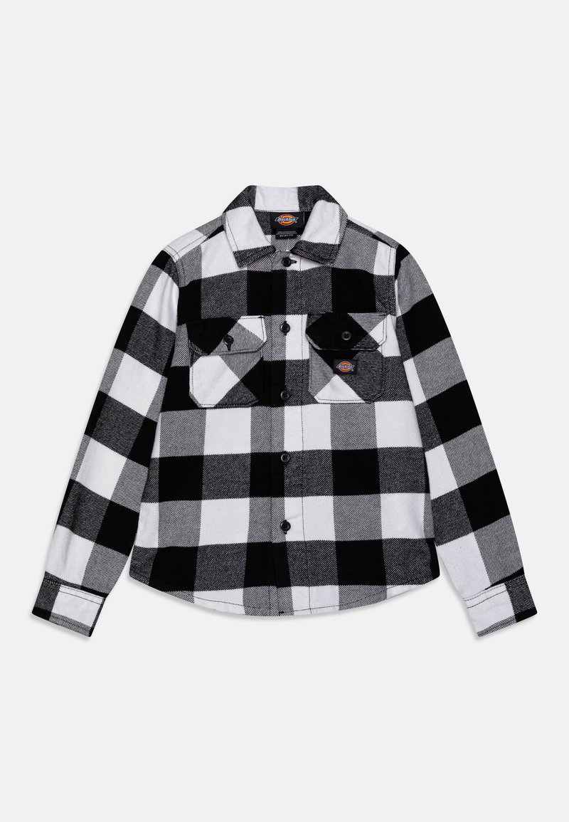 Črno-bela šahovnica flanelasta srajca z gumbi, dvema prsnikoma in dolgimi rokavi z gumbnimi manšetami. Mehka teksturirana tkanina.