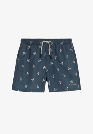 Pantaloni scurți de baie bleumarin cu model alb de cranii și oase încrucișate, talie elastică, șnur alb și logo "Scalpers" pe tivul din față.
