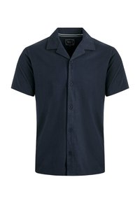 Short-sleeve, navy blue shirt made of lightweight fabric featuring a button-up front and a classic collar with a smooth texture.