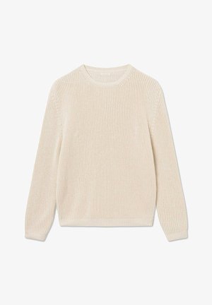 Lichte crèmekleurige gebreide pullovertrui met een ronde halslijn, lange mouwen en ribgebreide manchetten en onderrand. Heeft een gestructureerde, losse weving.
