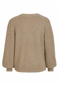 Pull beige en maille côtelée avec manches ballon, col rond, et coupe décontractée, confectionné en matière douce et texturée.