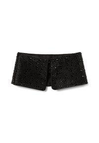Bolero decorativo negro con tejido texturizado, decorado con strass negros de diversos tamaños en un diseño que cubre toda la prenda, con un frente abierto y un forro interior suave.