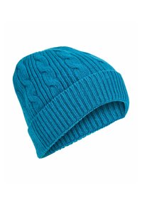 Knitted beanie in bright turquoise with a ribbed texture and cable-knit pattern. Features a folded brim for adjustable fit.