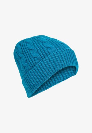 Gestrickte Mütze in leuchtendem Türkis mit geripptem Textur und Zopfmuster. Hat einen umgeschlagenen Rand für eine verstellbare Passform.