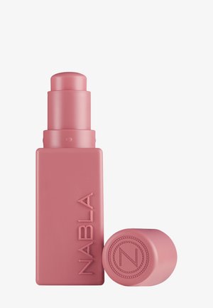 Mattrosa rechteckiger Lippenstift mit abgerundetem oberen Ende und passendem Verschluss mit eingeprägtem Buchstaben N, Markenname NABLA an der Seite.