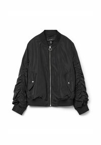 Veste bomber noire avec des poignets et un ourlet côtelés, présentant des manches froncées, une fermeture éclair argentée et des poches latérales avec des fermetures à pression. Texture de tissu lisse.