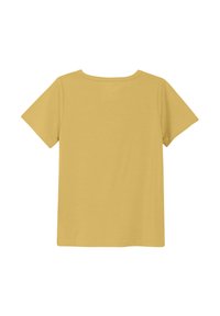 T-shirt med rund hals, kort ärm i en enhetlig senapsgul färg. Mjuk, slät tyg med en avslappnad passform och utan synliga mönster eller detaljer.