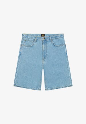 Light blue denim shorts with front pockets, belt loops, button closure, and Lee brand label on waistband.