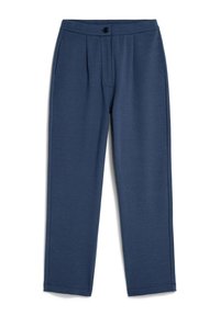 Pantalon de survêtement bleu marine en tissu doux et extensible, avec fermeture à boutons, devant plissé et poches latérales, conçu pour le confort et la mobilité.