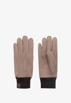 Brune ruskindshandsker med ribbede sorte strækmanchetter, fem-finger design, glat tekstur, med et logoaccent på manchetten.