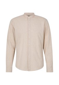 Lichtbeige langemouwen shirt van een linnenmix met een mandarin kraag, knoopsluiting aan de voorkant en een afgeronde zoom. Gladde textuur.