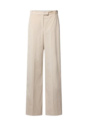 Pantaloni beige a gamba larga realizzati in tessuto testurizzato, con taglio dritto, due pieghe frontali e una vita con passanti standard per cintura.
