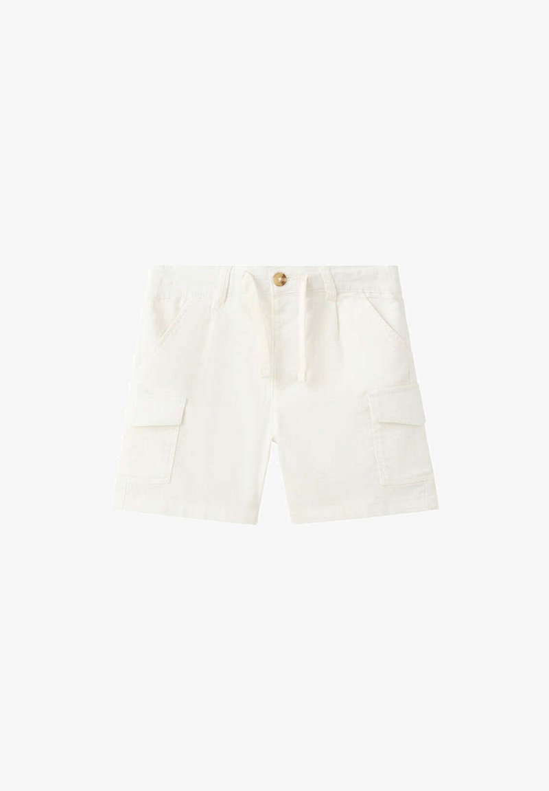 Off-white cargo shorts with button and drawstring waist, front side pockets, and flap pockets on each leg.