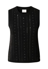 Μαύρο αμάνικο πουλόβερ με ριμπ υφή, διακοσμημένο με κατακόρυφες σειρές μικρών παγιετών για διακριτική λεπτομέρεια και στρογγυλή λαιμόκοψη.