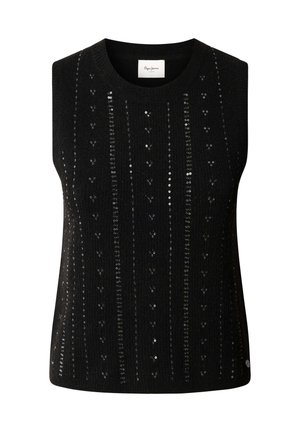 Mustast isetud kampsun ilma varrukateta, millel on sooniline tekstuur ning vertikaalsed read väikeste litritega aktsendi lisamiseks ning ümar kaelus.