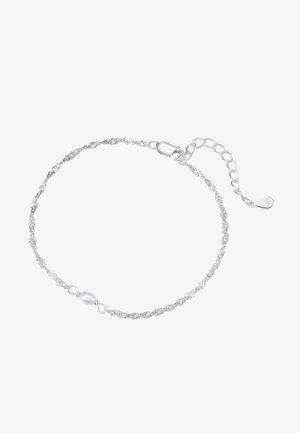 Pulsera de cadena trenzada de plata con pequeño centro de perla blanca y cierre de langosta ajustable.