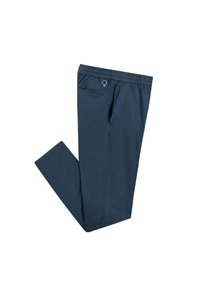 Marineblauwe, lichte katoenen broeken met een elastische tailleband, zijzakken en een klein logo-detail bij de tailleband.