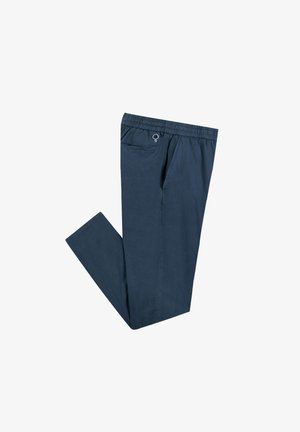 Pantaloni in cotone leggeri di colore blu navy con vita elasticizzata, tasche laterali e un piccolo logo vicino alla vita.