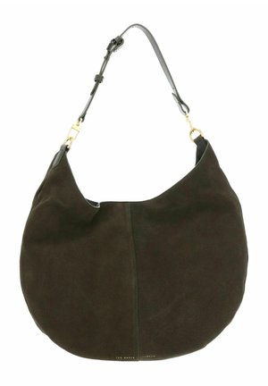 Sac à main en daim marron foncé en forme de croissant avec une bandoulière réglable en cuir noir et une quincaillerie dorée.