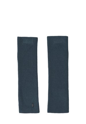 Paire de chauffe-bras en tricot côtelé gris foncé posée à plat sur un fond blanc.