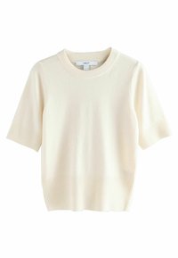 Pull à manches courtes, col rond en crème. Texture côtelée aux manches et à l'ourlet. Tissu en maille douce avec une finition lisse. Design léger.