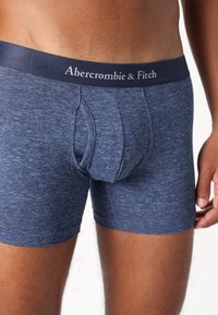Navy blue boxer briefs made of stretchy fabric, featuring a fitted design with a front pouch, accented by a branded elastic waistband.