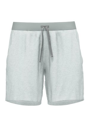 Világosszürke sort, puha anyagból, rugalmas derékkal és húzózsinórral, oldalsó zsebekkel és laza szabással.