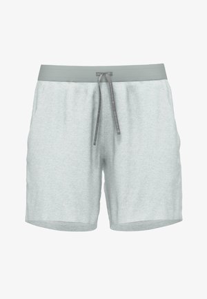 Világosszürke sort, puha anyagból, rugalmas derékkal és húzózsinórral, oldalsó zsebekkel és laza szabással.