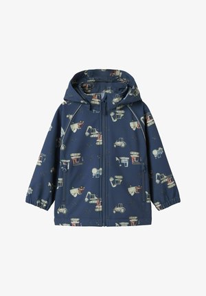 Veste à capuche pour enfants bleu marine avec fermeture éclair, poignets élastiques et motifs de véhicules de chantier comme des excavatrices et des camions-bennes.
