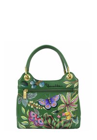 Groene leren handtas met kleurrijke vlinder- en bladdesigns. Inclusief twee afgeronde handvatten en gouden hardware accenten.