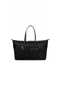 Zwarte nylon tote bag met dubbele zwart leren handvatten, een ritsvak aan de voorkant en een ruime binnenkant. Soepele textuur met minimale hardware.