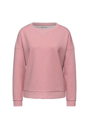 Felpa rosa chiaro con collo rotondo, maniche lunghe, polsini e orlo a coste, e un dettaglio triangolare a coste sotto il colletto.