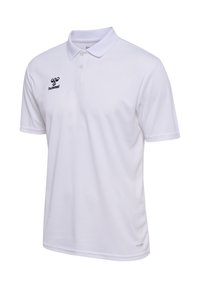 Vit polo skjorta med krage, två knappar och strukturerad tyg. Har en svart "hummel"-logotyp på bröstet.