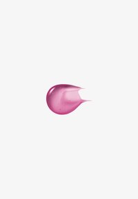 Gota de gel rosa translúcido con una textura brillante, que presenta pequeñas burbujas de aire y una forma redondeada que se estrecha hacia un punto.