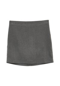 Mini-jupe grise à rayures, présentant une coupe droite avec un ourlet légèrement asymétrique. Le tissu a une texture lisse.