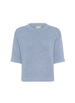 Light blue knitted sweater with a crew neckline, short sleeves, and a loose fit. Features a textured fabric with ribbed accents at the sleeves.
