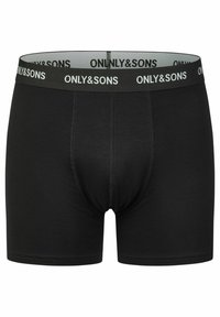 Schwarze Baumwoll-Boxershorts mit enger Passform, ausgestattet mit einem weichen elastischen Bund, der mit "ONLY&SONS" in Weiß beschriftet ist. Einfaches Design ohne Muster.