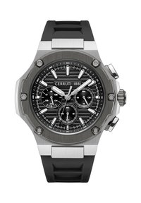Orologio Cerruti 1881 con bracciale in gomma nera, cassa in acciaio inossidabile argentato, quadrante nero testurizzato e sub-quadranti; presenta indicatori e lancette audaci.