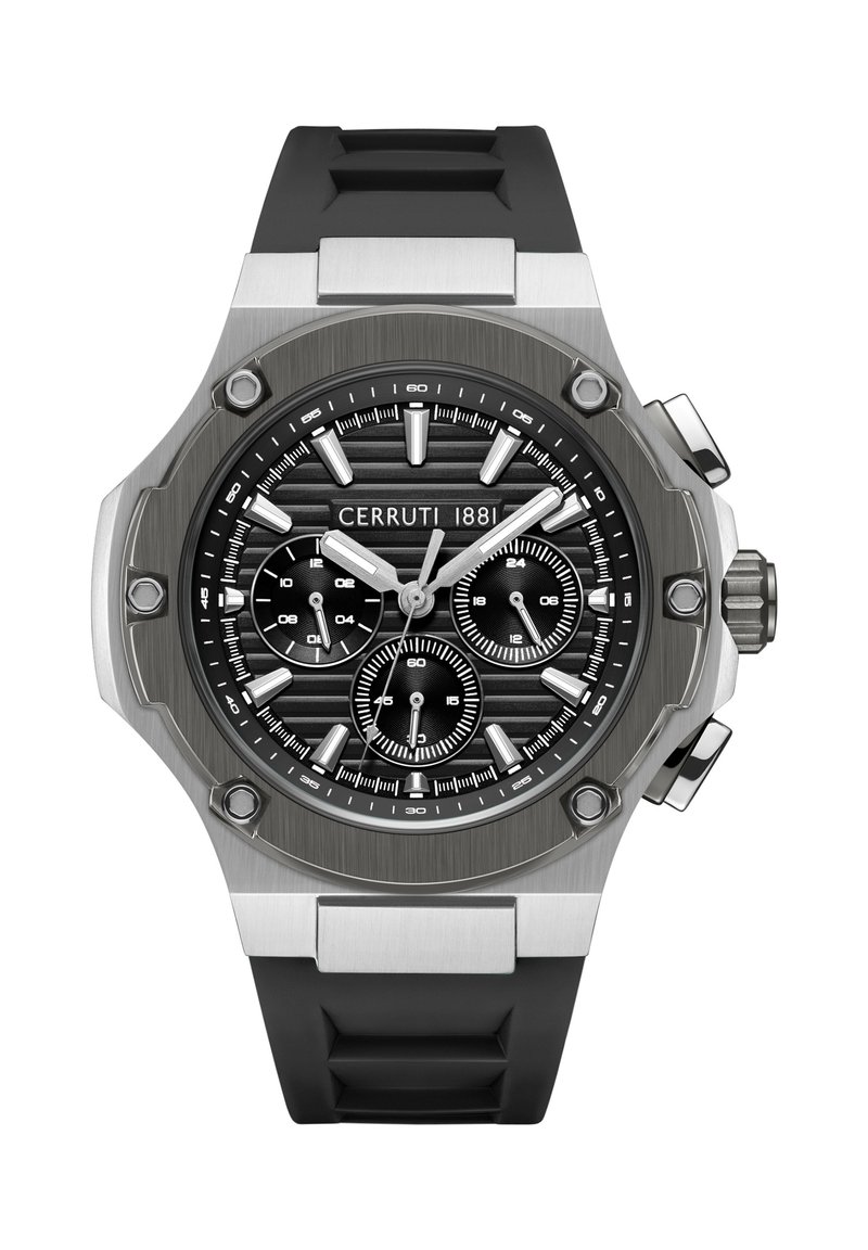 Orologio Cerruti 1881 con bracciale in gomma nera, cassa in acciaio inossidabile argentato, quadrante nero testurizzato e sub-quadranti; presenta indicatori e lancette audaci.