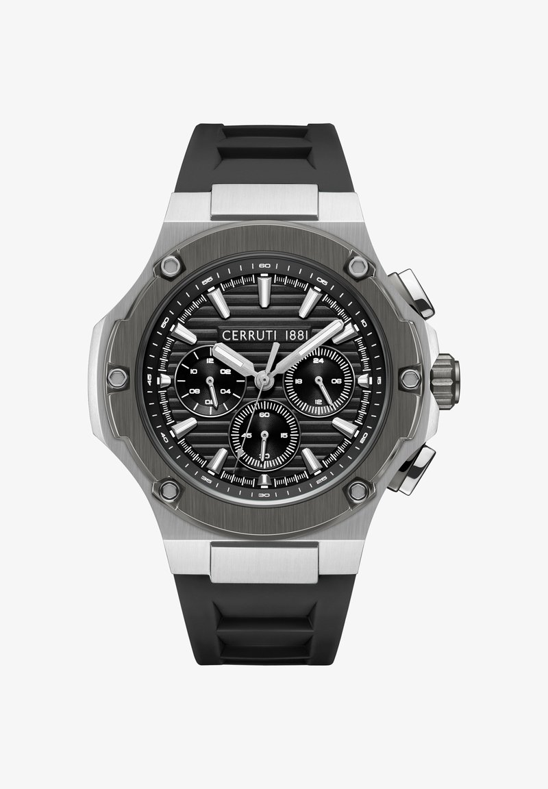 Orologio Cerruti 1881 con bracciale in gomma nera, cassa in acciaio inossidabile argentato, quadrante nero testurizzato e sub-quadranti; presenta indicatori e lancette audaci.
