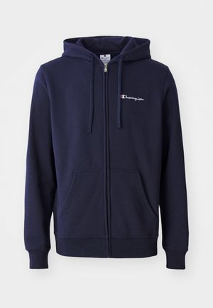 Dunkelblaue Zip-Hoodie aus Baumwollmischgewebe, mit einem Frontlogo, zwei seitlichen Taschen und verstellbarem Zugkordelkapuze.