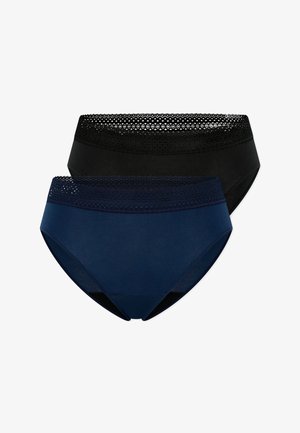Deux paires de culottes en coton pour femmes avec larges ceintures en dentelle, une noire et une bleu marine, présentées sur fond blanc.