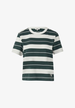 Zielona i biała w paski bawełniana koszulka z okrągłym dekoltem, krótkimi rękawami oraz małym logo na dolnej części przodu.