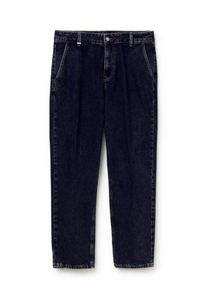 Granatowe dżinsy o prostym kroju nogawki, z paskami na pasek, przednimi kieszeniami i kontrastowym przeszyciem.