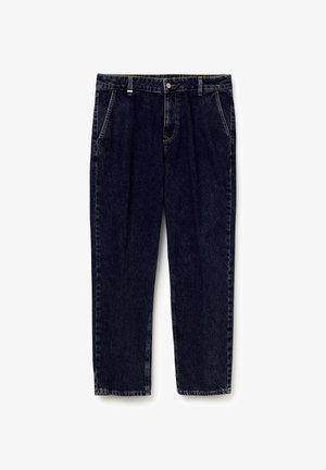 Tmavě modré džíny z denimu se střihem rovného nohavice, vybavené poutky na opasek, předními kapsami a kontrastním šitím.