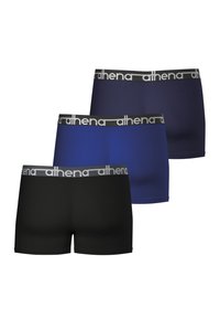 Trois paires de boxers en noir, bleu foncé et bleu roi. Tissu doux avec une ceinture noire ornée du logo "athena" en blanc.